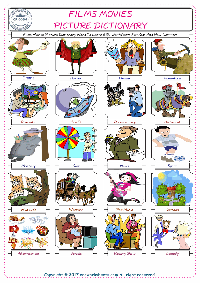 Films Movies English Worksheet for Kids ESL Printable Picture Dictionary 
